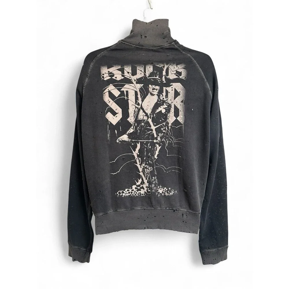 NWT Rockstar Sushi Mens M Fulll Zip Distressed Knit Jacket Back Print VF027 Gray